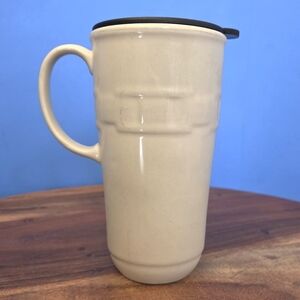 Longaberger Woven Traditions Travel Mug Ivory (Cream) w/Black Lid ~6.5" RETIRED